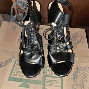 Shoe Dazzle Black Lace Up Wedge Sandals